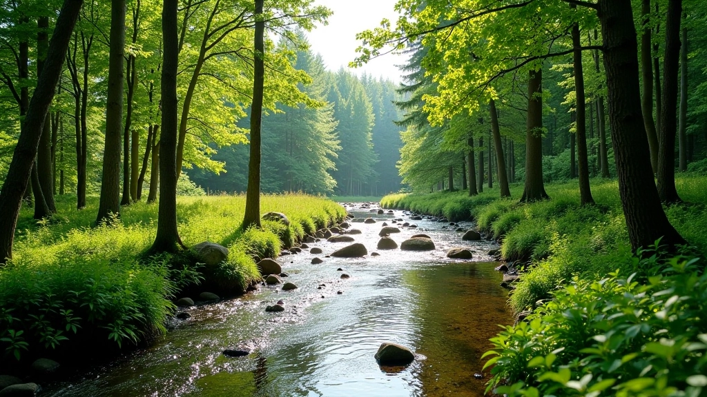 Skaista sila vidē ar Gauju, priedes un bērzus, vasaras atmosfēra, zaļums